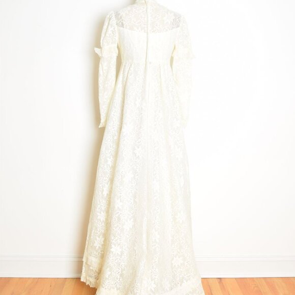 vintage 60s wedding dress cream crochet lace regency juliet gown puff sleeve S - Picture 9 of 11